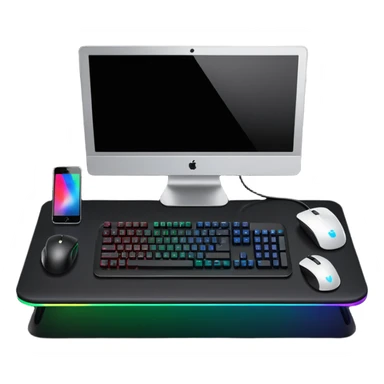 rgb gaming computer on black desk with a black keyboard and mouse sticker