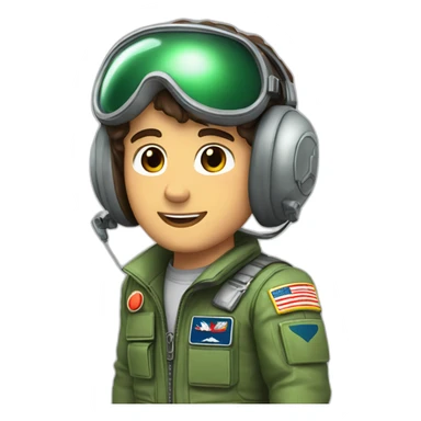 A young white man with dark brown hair and brown eyes in a pilot suit and wearing a green Pilot headset sticker