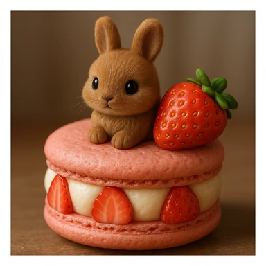 Add more details to the macaron and the bunny, enhancing the textures and features to make them more realistic and detailed in 3D iOS style. sticker