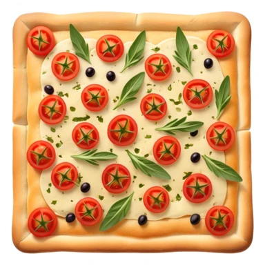 cinematic-realistic-isometric focaccia-bread-dish-emoji,-depicted-as-a-golden,-olive-oil-brushed-flatbread-sprinkled-with-herbs-rendered-with-lifelike-texture-and-soft,-appetizing-lighting showing olives on top and the cherry tomatoes sliced sticker