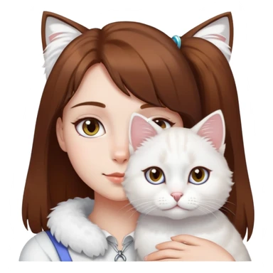 A girl with short brown straight hair and on her left shoulder and neck lies a white fluffy cat with eyes of different colors sticker