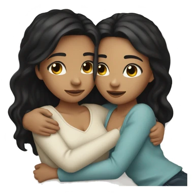 Two girls one with tan skin black hair one with white skin black hair cuddling on a bed together  sticker