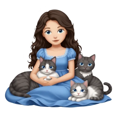 detailed realistic looking a dark grey and white cat regally laying with six other cats, cuddling with their owner in bed who is a pretty bratz lightly tanned white girl with long dark brown hair, blue eyes and gorgeous long wavy hair wearing a pretty detailed dress sticker