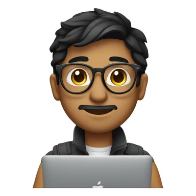 young male indian designer, black hair, aviator eyeglasses, working on Macbook sticker