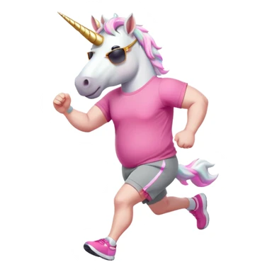 friendly anthropomorphised male white unicorn with an extra chunky, very strong and stocky build, arms and legs matching the white of the head, in grey shorts and pink t-shirt, wearing dark sunglasses, jogging upright in a standard pose sticker