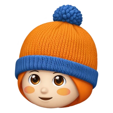a blue beanie with an orange rim, and an orange puff dot at the top sticker