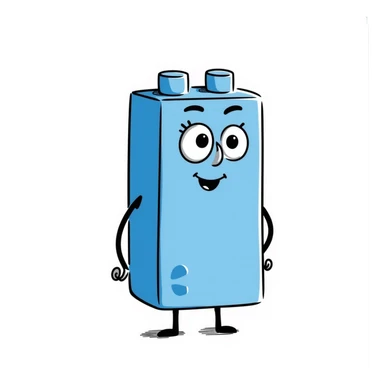 A hand-drawn blue Lego-style brick with a silly expression and tiny arms sticker