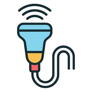 ultrasound probe, color outline icon style, clear medical device details sticker