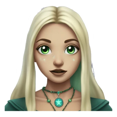 blonde witch girl with green eyes and straight hair with a birthmark above her upper lip wearing a necklace in a form of pentacle with a small blue stone inside doing tarot spread  sticker