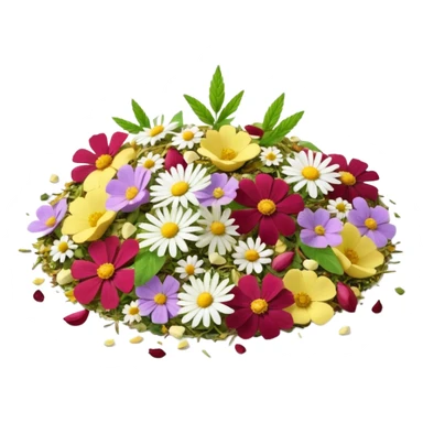 pile of loose herbal tea with dried herbs and flowers chamomile, mint, rose petals, lemongrass, organic and colorful, crumbled leaves and petals, soft greens, yellows, purples, reds, 3D clean style, transparent background sticker