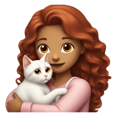 girl with long very dark red wavy hair and dark brown eyes and light pink outfit hugging a white & ginger cat  sticker