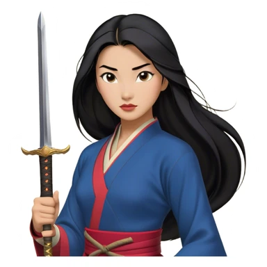 Cinematic Realistic Mulan Portrait, depicted with lifelike skin texture, soft natural lighting, and intricately detailed long black hair styled elegantly. Her deep, expressive eyes exude determination and grace, complemented by a serene yet confident expression. She stands with one hand resting on the hilt of her sword, the other by her side, exuding strength and poise. She is dressed in her classic attire, with rich fabric textures and delicate folds that catch the light beautifully. The portrait features a soft, enchanting glow with a natural, radiant finish, capturing the essence of timeless strength and beauty in a realistic and painterly style, evoking a sense of depth and authenticity. sticker