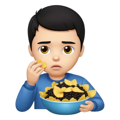a PRETTY BRATZ boy with black hair, stuffing his face with chips and looking sad sticker