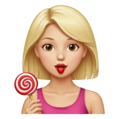 Blonde women with shoulders showing and licking a lollipop sticker