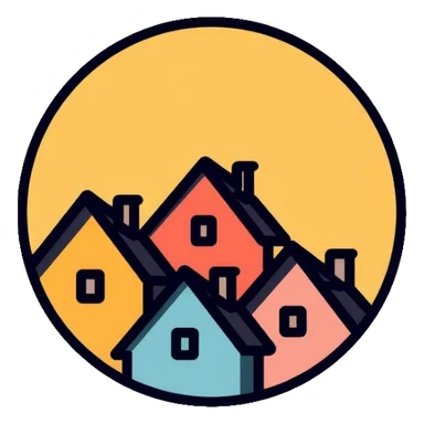 Community of houses in a circle, minimalist homelessness support logo sticker
