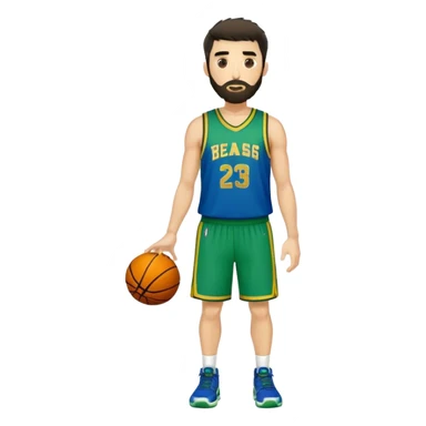 Full Body  white male basketball player with short shaggy dark hair and  close shave gold tee beard  wearing blue and green uniform sticker
