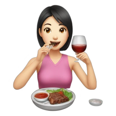 An Asian girl eating Korean bbq and drinking soju sticker