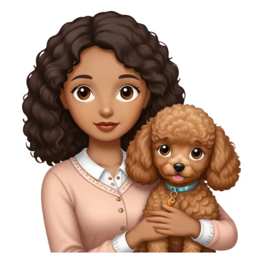 woman with  brown  skin,longblack not too wavy  hair and brown  eyes is holding a apricotpoodle puppy sticker