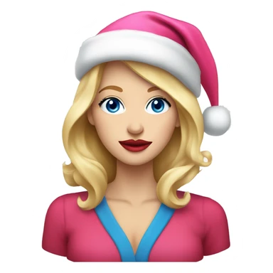 Beautiful blonde blue eyed woman, pink lips, wearing red santa hat sticker