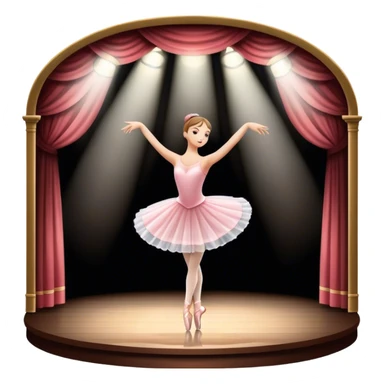 Icon for Ballet: a theater stage with silhouette of a ballerina in an elegant pose, surrounded by spotlight and stage lights. The icon should convey the grace and beauty of ballet, with focus on the dancer and the dramatic lighting. Transparent background. sticker