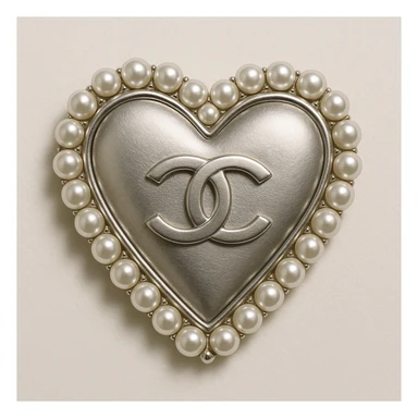 Classic Chanel heart with a metallic silver finish, pearl border, and interlocking C's, sophisticated and iconic design. sticker