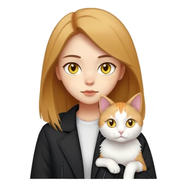 A light-skinned brown straight-haired girl wearing black jacket, along with two cats. One cat is pure white cat with yellow eyes, another is a calico cat sticker