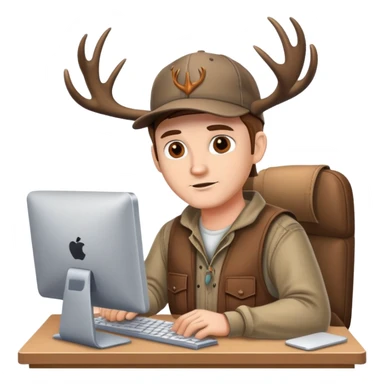 White Guy works at computer with the cap and deers antlers, redneck clothes, brown eyes  sticker