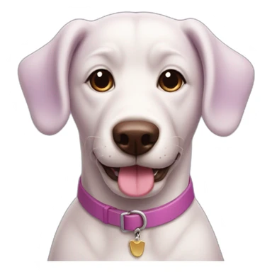 a purple dog with a brown nose and a pink collar with a bone happy  sticker