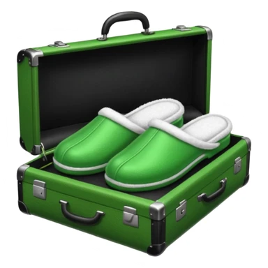Feet with white socks wearing green house slippers standing on a briefcase sticker