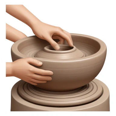 Two hands shaping a clay vessel on a silver pottery wheel, one hand inside and one hand outside the vessel, clean and focused view with no splashing clay sticker