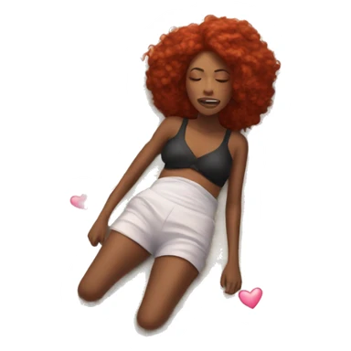 A black woman laying on her back on the beach, looking sick, red hair plats, butter flies around, pink hearts sticker