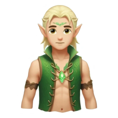 elf male legolas wading in shallow tide pool, palm emitting soft green light to heal glowing coral, practical open vest over bare chest, determined gaze, pointy ears, vibrant underwater plants, centered emoji, nature guardian summer sticker