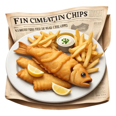 Cinematic Realistic Fish and Chips Dish Emoji, depicted with crispy golden battered fish and chunky hand‚Äêcut chips served in traditional newspaper wrapping, rendered with mouth‚Äêwatering texture and warm natural lighting that captures its quintessential British charm. sticker