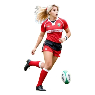 Chica de pelo rubio tirada en el suelo boca abajo agarrando un balón DE RUGBY con las manos vestida con una equipación de color rojo y blanco con líneas, manchada de barro y con unas botas de tacos de fútbol, con un bucal en la boca y el pelo con trenzas, se la tienen que ver las 2 piernas  sticker