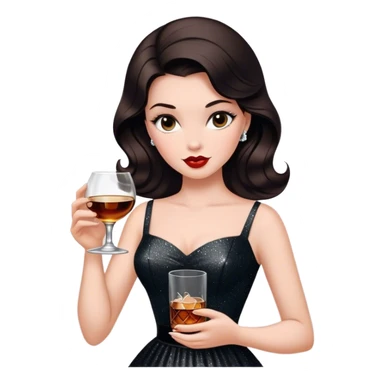 Beautiful woman in 1950’s woman fashion look, black shimmery dress, long dark brown hair, whisky with ice sticker
