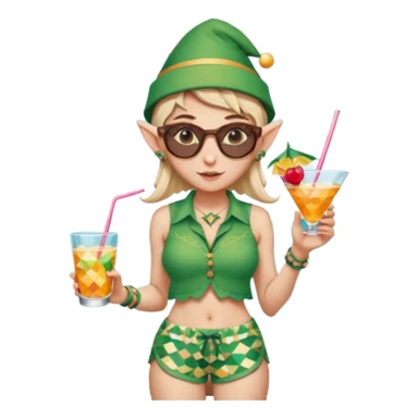 elf female legolas portrait, patterned board shorts (geometric/abstract), unique wooden-framed sunglasses, undercut hairstyle, slight smirk, visible pointy ears, no background, centered emoji, hipster summer vibe coctails with hat sticker