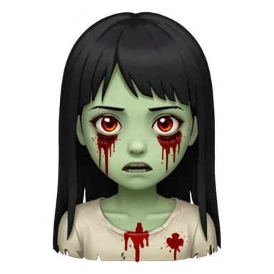 Emoji de uma garota com os cabelos longos, lisos e pretos. Ela usa uma franja curta que cobre toda a sua testa. Tem a pele esverdeada e ferimentos no rosto cobertos com sangue, usa uma blusa branca rasgada e suja de poeira. Ela é uma zumbi sticker