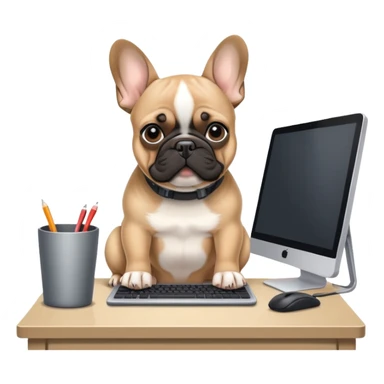 Fawn Frenchie with black muzzle working behind computer sticker