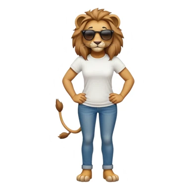 friendly anthropomorphised female lion character, full body, standing confidently with legs shoulder width apart and arms folded, wearing jeans, a white t-shirt, and dark sunglasses, with a confident smile sticker