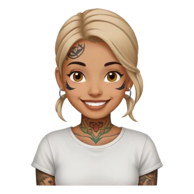 girl with face tattoos, smiling, wearing a shirt sticker