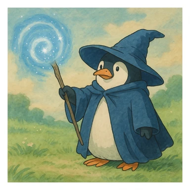 ghibli style penguin wizard casting a spell with a soft background sticker