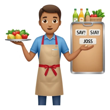 Supermarket employee at a cash register, full body, serving a man surprised sticker