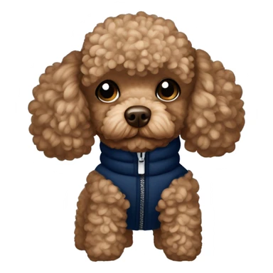 Brown toy poodle wearing a navy blue puffer jacket with white hearts pattern  sticker
