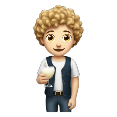 A pasty white teenage boy with black curly holding a wineglass of milk sticker