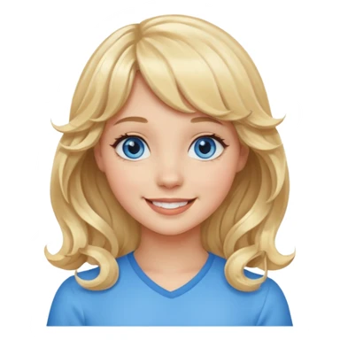 Please generate an image of a girl. She has blue eyes, blonde, wavy hair with bangs, and is smiling. sticker