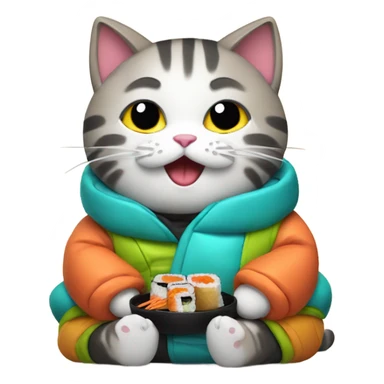 cat wearing a puffy jacket eating sushi sticker