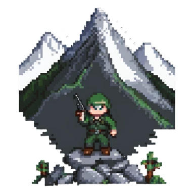 Small pixelated character with a gun shooting at a mountain with enemies sticker
