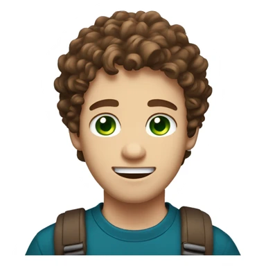 cute guy with green eyes, brown loose pretty curly hair, looking silly, white skin, wearing blue tshirt sticker