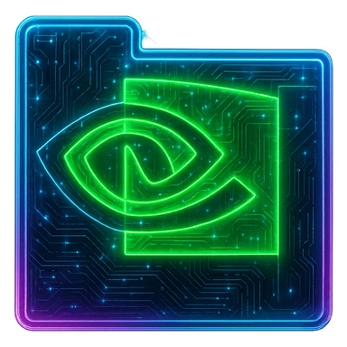 Transform the NVidia logo into a cyberpunk, holographic style with glowing neon green, blue, and pink edges. Add intricate circuit patterns throughout the entire icon while maintaining the recognizable NVidia eye shape and green color. Overlay neon and circuit effects in a futuristic, clean cyberpunk style with a consistent glow and detailed circuit elements. The background should be transparent. sticker