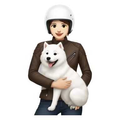 Girl biker white skin and brown short hair with a agv helmet hugging a white Samoyed sticker